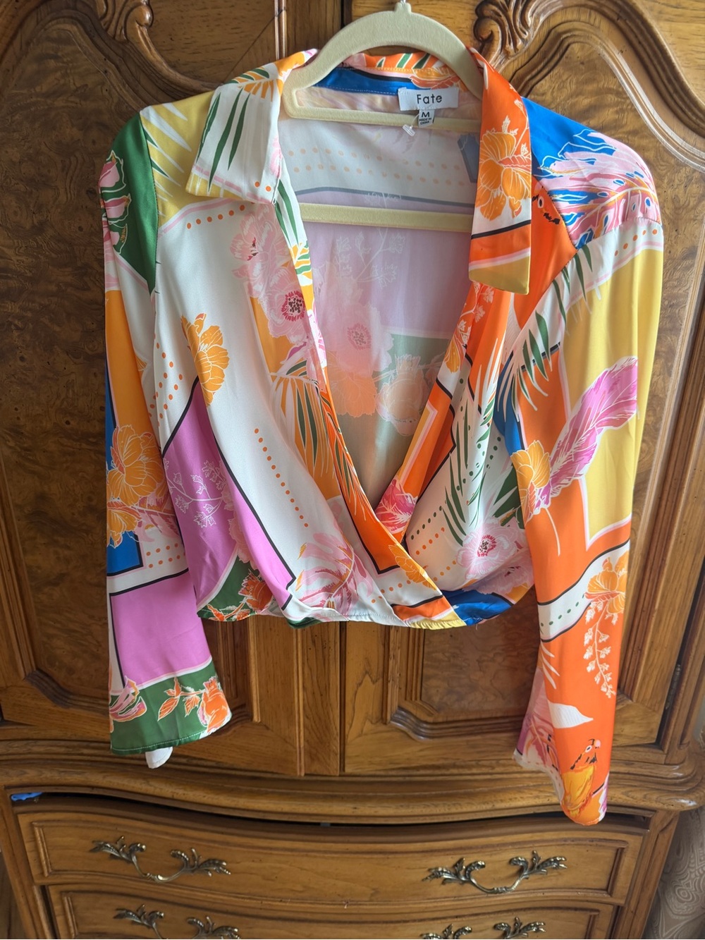 Fate Bright Multicolor Floral Wrap Crop Top - Orange, Pink, Yellow, Green, Blue